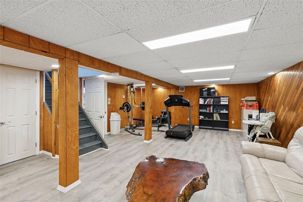 Fitness Equipment, Interior, Recessed Lighting, Wood Texture Flooring, Wooden Walls