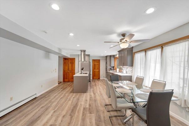 Dining room, Interior, Kitchen, Recessed Lighting, Wood Texture Flooring