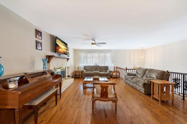 Fireplace, Interior, Living room, Pendant Lights, Piano, Wood Texture Flooring
