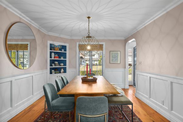 Dining room, Interior, Pendant Lights, Wood Texture Flooring