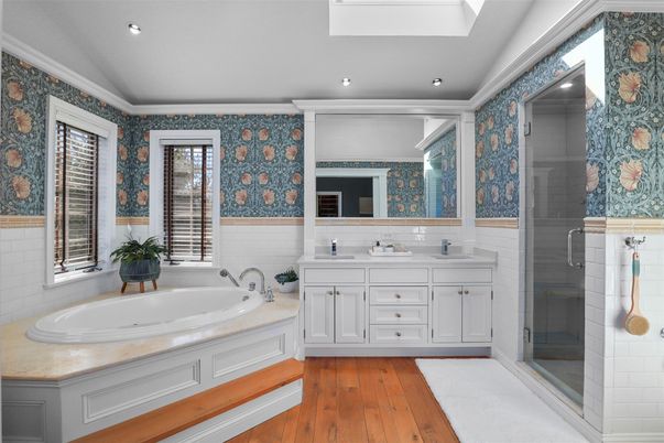 Bathroom, Dual Sink Vanities, Glass Shower, Interior, Recessed Lighting, Wood Texture Flooring