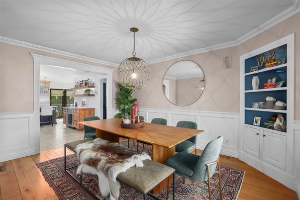 Dining room, Interior, Pendant Lights, Wood Texture Flooring