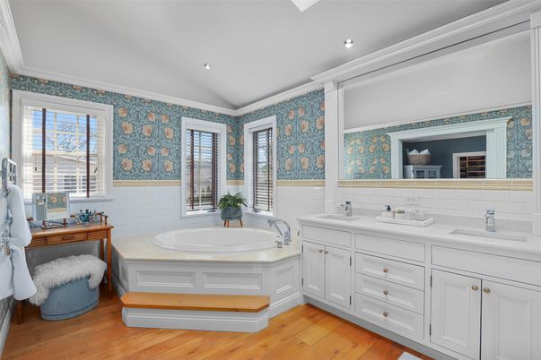 Bathroom, Dual Sink Vanities, Interior, Recessed Lighting, Wood Texture Flooring
