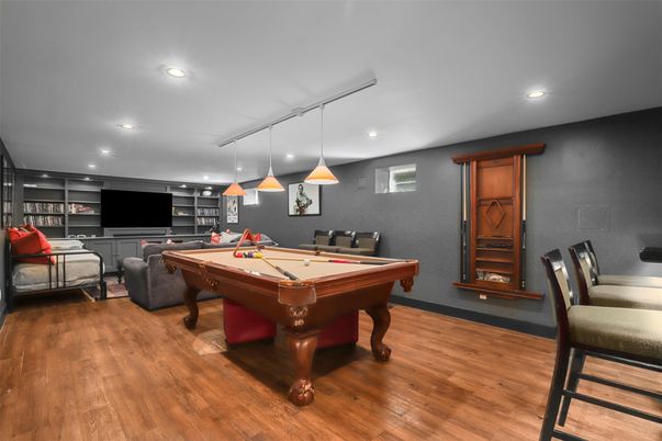 Billiard Table, Game Room, Interior, Pendant Lights, Recessed Lighting, Wood Texture Flooring