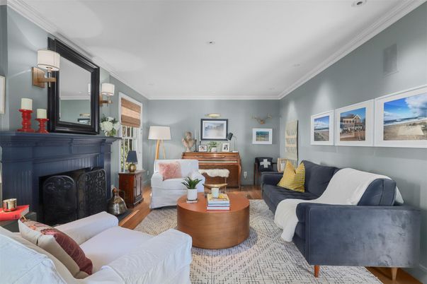 Fireplace, Interior, Living room, Recessed Lighting, Wood Texture Flooring