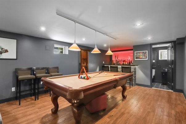 Billiard Table, Game Room, Interior, Pendant Lights, Recessed Lighting, Wood Texture Flooring