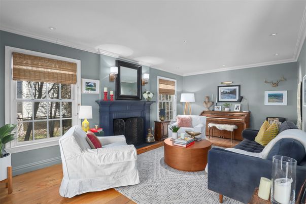 Fireplace, Interior, Living room, Piano, Recessed Lighting, Wood Texture Flooring