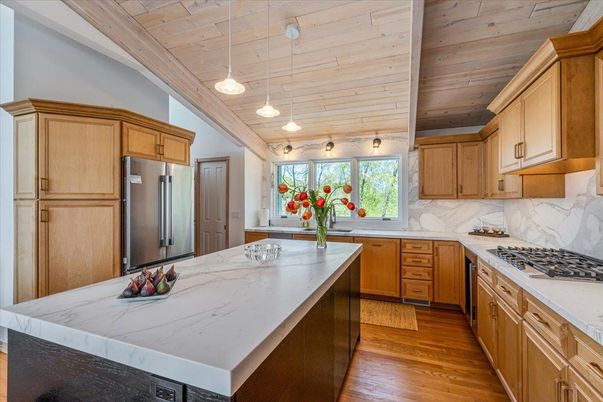Interior, Kitchen, Marble Walls, Pendant Lights, Stainless Steel Appliances, Wooden Ceilings, Wood Texture Flooring