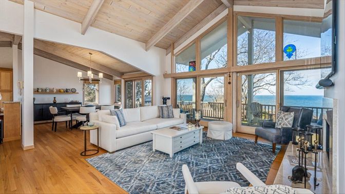 Dining room, Interior, Living room, Pendant Lights, Water, Wooden Beams, Wooden Ceilings, Wood Texture Flooring