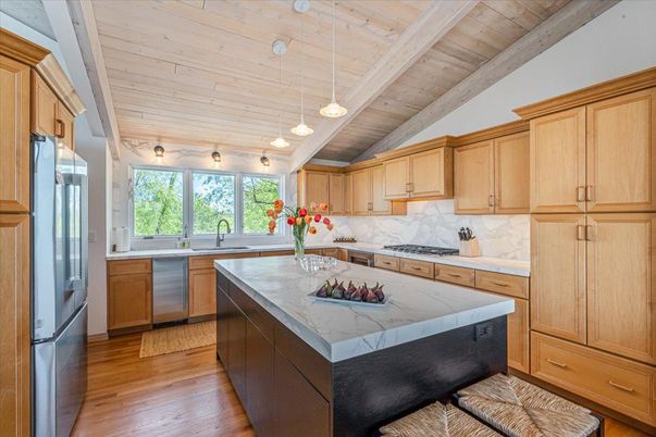 Interior, Kitchen, Pendant Lights, Stainless Steel Appliances, Wooden Ceilings, Wood Texture Flooring