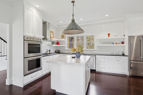 Interior, Kitchen, Pendant Lights, Recessed Lighting, Stainless Steel Appliances, Wood Texture Flooring