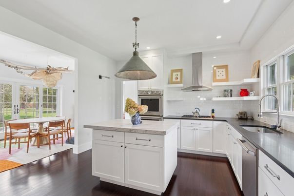 Dining room, Interior, Kitchen, Pendant Lights, Recessed Lighting, Stainless Steel Appliances, Wood Texture Flooring