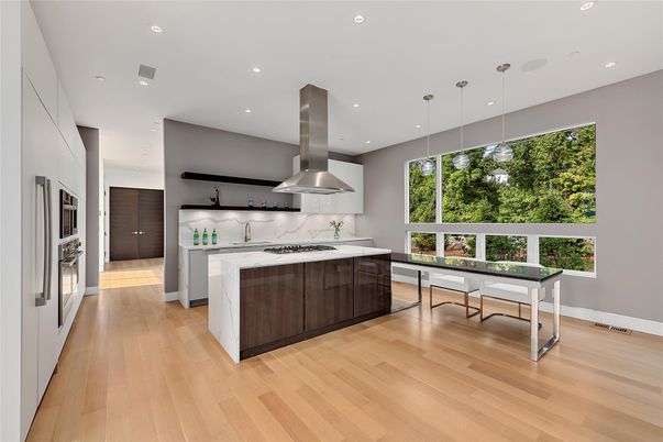 Interior, Kitchen, Pendant Lights, Recessed Lighting, Stainless Steel Appliances, Wood Texture Flooring