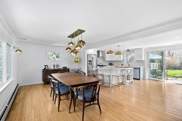 Dining room, Interior, Kitchen, Pendant Lights, Stainless Steel Appliances, Wood Texture Flooring