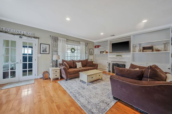 Fireplace, Interior, Living room, Recessed Lighting, Wood Texture Flooring