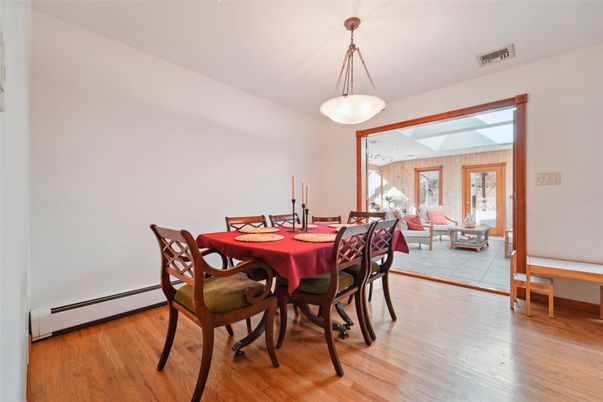 Dining room, Interior, Living room, Pendant Lights, Wood Texture Flooring