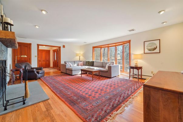 Fireplace, Interior, Living room, Recessed Lighting, Wood Texture Flooring