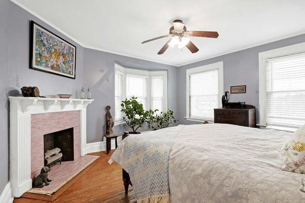 Bedroom, Fireplace, Interior, Wood Texture Flooring