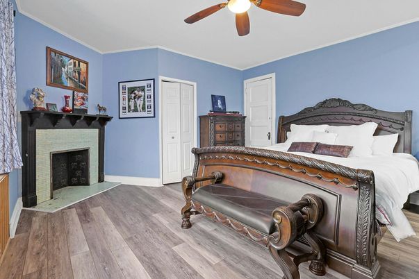 Bedroom, Fireplace, Interior, Wood Texture Flooring