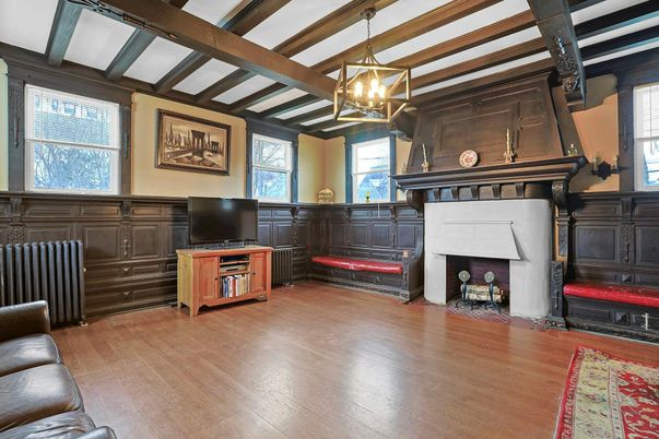 Fireplace, Interior, Pendant Lights, Wooden Beams, Wood Texture Flooring