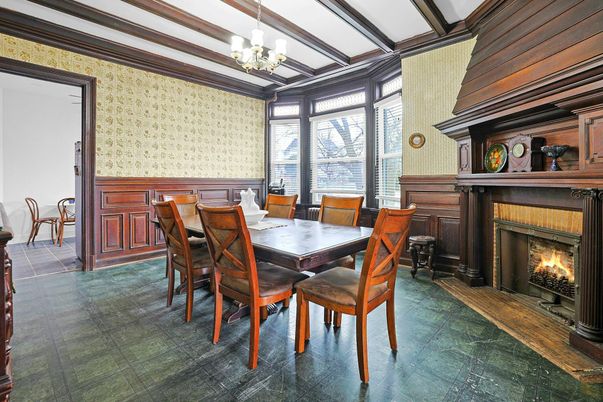 Chandelier, Dining room, Fireplace, Interior