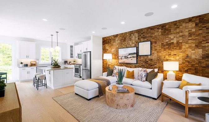 Interior, Kitchen, Living room, Pendant Lights, Recessed Lighting, Stainless Steel Appliances, Stone Walls, Wood Texture Flooring