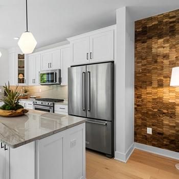 Interior, Kitchen, Pendant Lights, Stainless Steel Appliances, Wood Texture Flooring, Wooden Walls
