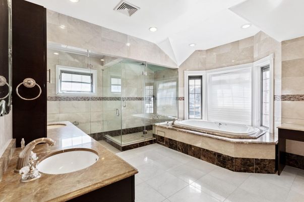 Bathroom, Dual Sink Vanities, Glass Shower, Interior, Recessed Lighting