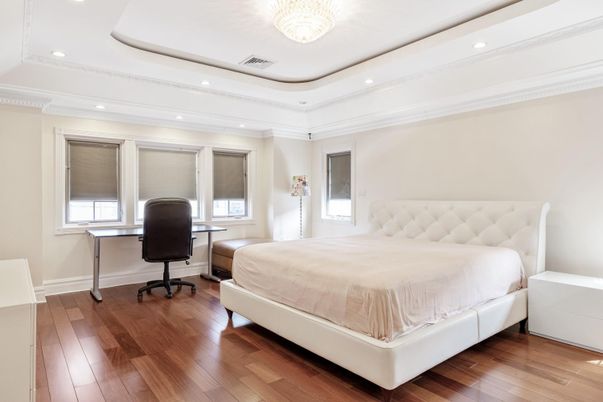 Bedroom, Chandelier, Home Office, Interior, Recessed Lighting, Wood Texture Flooring