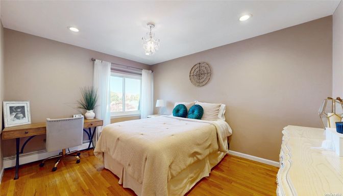 Bedroom, Chandelier, Home Office, Interior, Recessed Lighting, Wood Texture Flooring