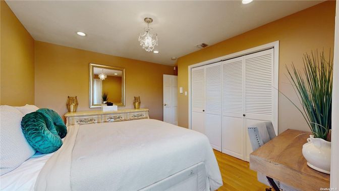 Bedroom, Chandelier, Interior, Recessed Lighting, Wood Texture Flooring