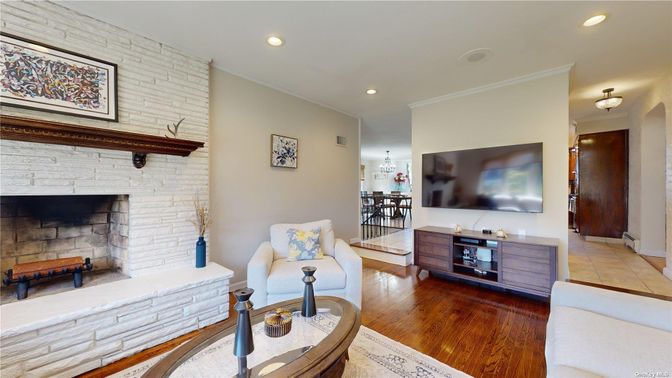 Fireplace, Interior, Recessed Lighting, Stone Walls, Wood Texture Flooring