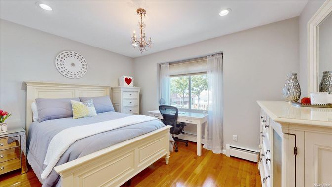 Bedroom, Chandelier, Home Office, Interior, Recessed Lighting, Wood Texture Flooring
