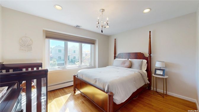 Bedroom, Chandelier, Interior, Recessed Lighting, Wood Texture Flooring