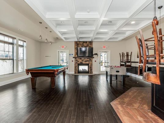 Billiard Table, Fireplace, Game Room, Interior, Pendant Lights, Recessed Lighting, Wood Texture Flooring