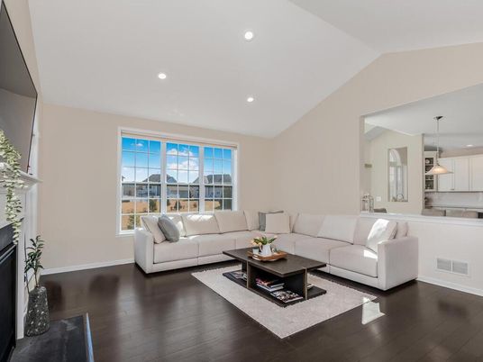 Fireplace, Interior, Kitchen, Living room, Pendant Lights, Recessed Lighting, Wood Texture Flooring