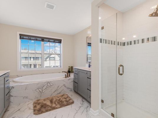 Bathroom, Glass Shower, Interior, Marble, Marble Walls, Recessed Lighting