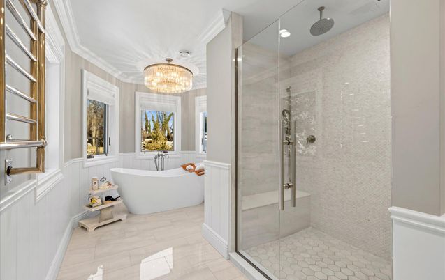Bathroom, Chandelier, Free Standing Baths, Glass Shower, Interior, Recessed Lighting