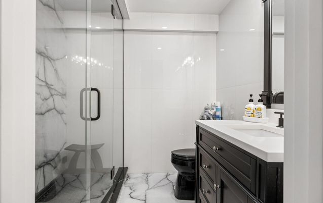Bathroom, Glass Shower, Interior, Marble, Marble Walls, Recessed Lighting