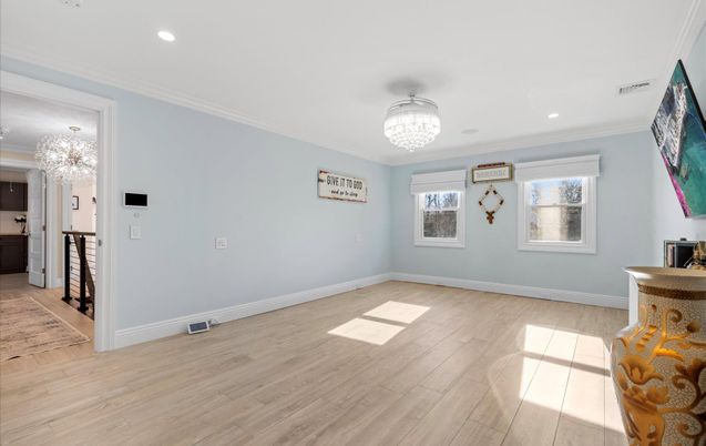 Chandelier, Empty room, Interior, Recessed Lighting, Wood Texture Flooring