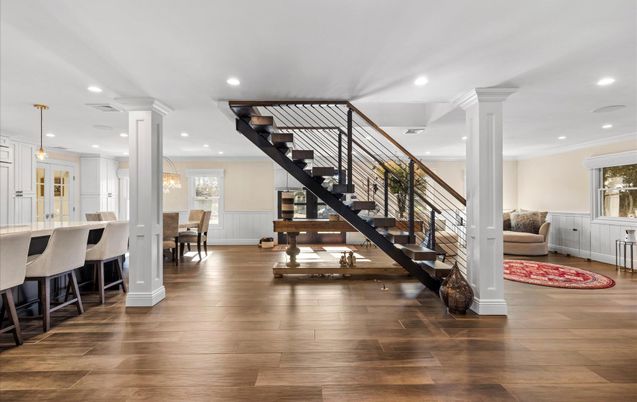 Dining room, Interior, Pendant Lights, Recessed Lighting, Wood Texture Flooring
