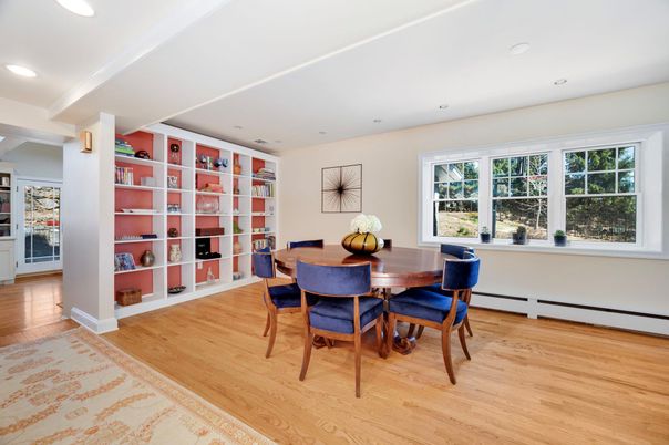 Dining room, Interior, Recessed Lighting, Wood Texture Flooring