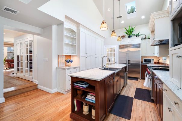 Interior, Kitchen, Pendant Lights, Recessed Lighting, Stainless Steel Appliances, Wood Texture Flooring