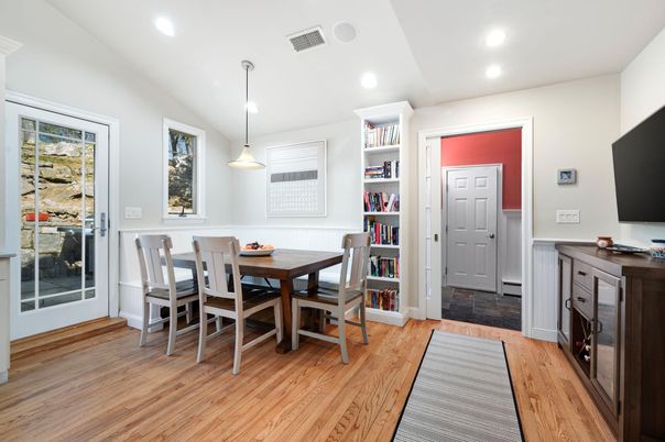 Dining room, Interior, Pendant Lights, Recessed Lighting, Wood Texture Flooring