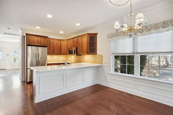Chandelier, Interior, Kitchen, Recessed Lighting, Stainless Steel Appliances, Wood Texture Flooring