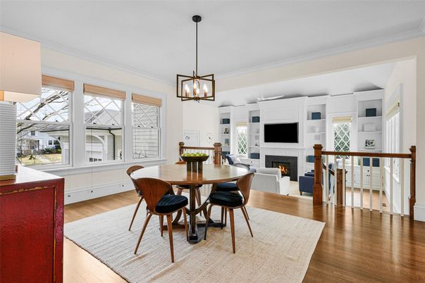 Dining room, Fireplace, Interior, Pendant Lights, Wood Texture Flooring