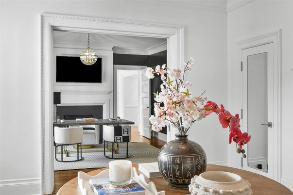 Fireplace, Home Office, Interior, Pendant Lights, Wood Texture Flooring