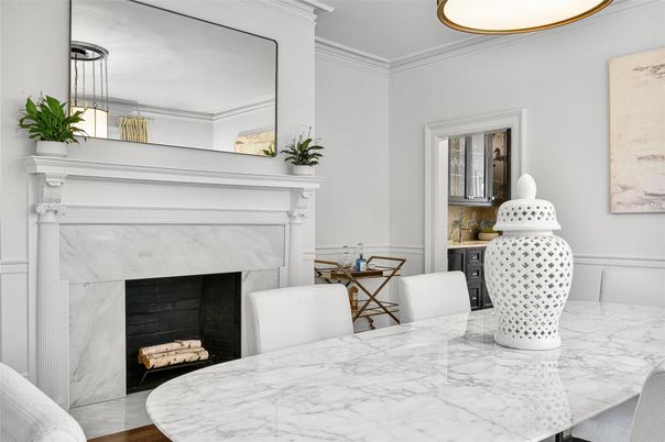 Dining room, Fireplace, Interior, Pendant Lights