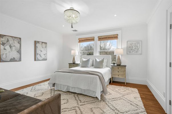 Bedroom, Chandelier, Interior, Recessed Lighting, Wood Texture Flooring