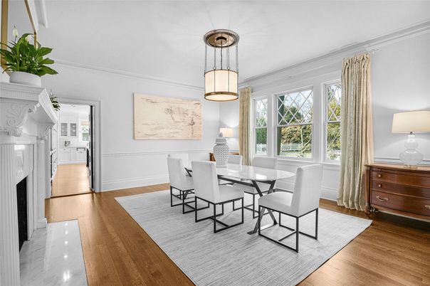 Dining room, Fireplace, Interior, Pendant Lights, Wood Texture Flooring